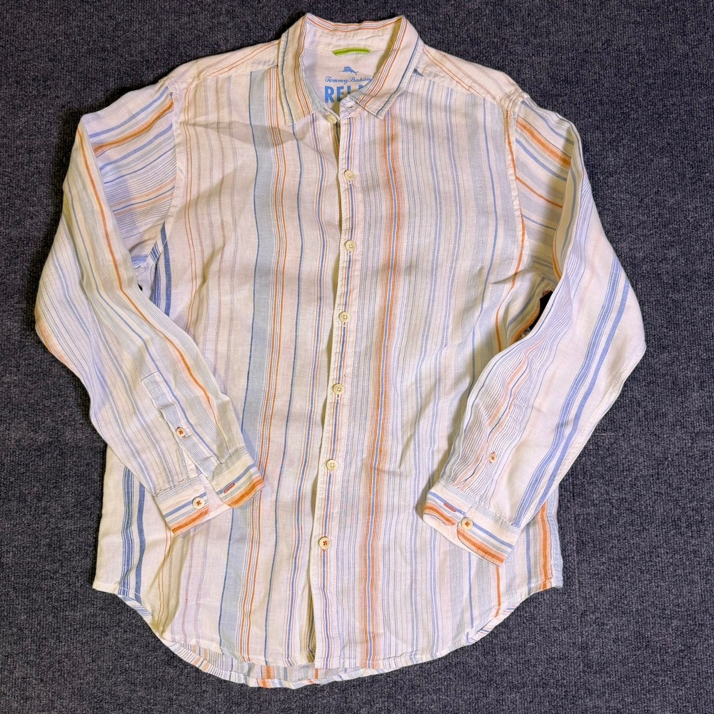 Tommy Bahama Relax Mens Large Linen Button Down Shirt Blue Orange Striped L/S